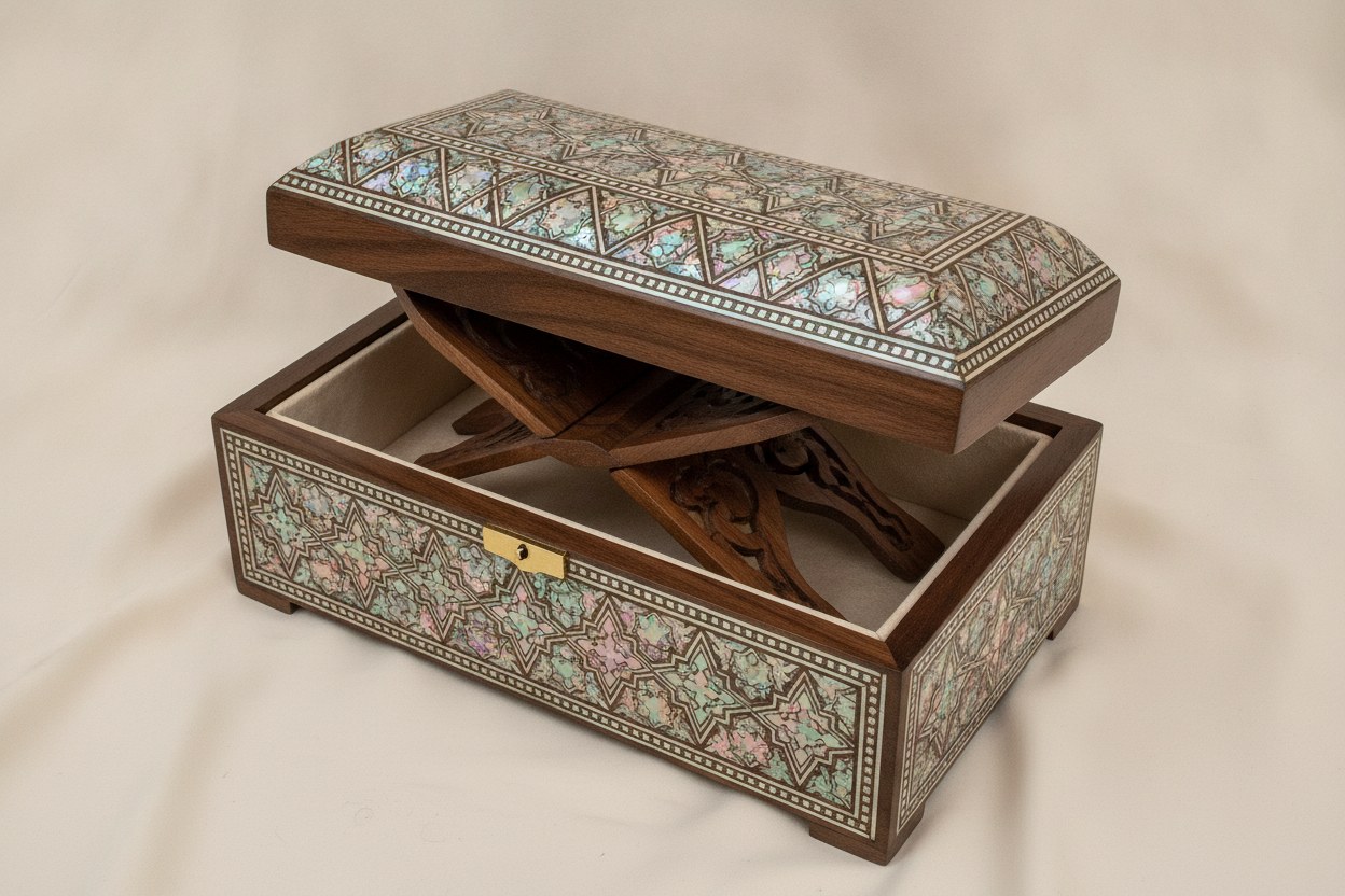 Altın yaldız kenarlı, sedef kakmalı mushaf mahfazası
